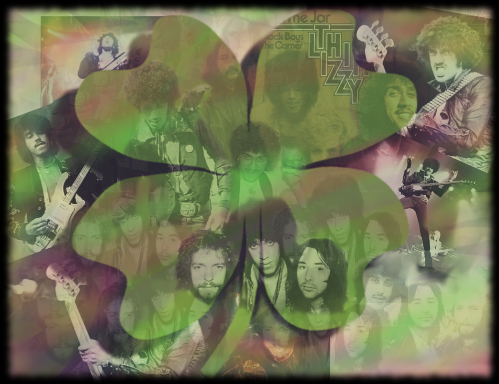 Imágenes de Thin Lizzy, Phil Lynott... alrededor de un dibujo de un trébol verde