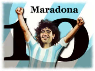 Dibujo de Diego Armando Maradona sobre un fondo de rayas azules y blancas