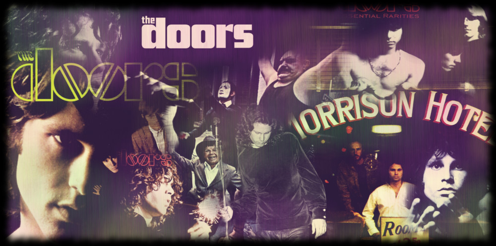 Imagen con carátulas y fotos de The Doors en estilo vintage