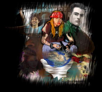 Cartel para la sección de noticias. Collage de personajes como Axl Rose, Tarantino, Madonna, Django, Hemingway