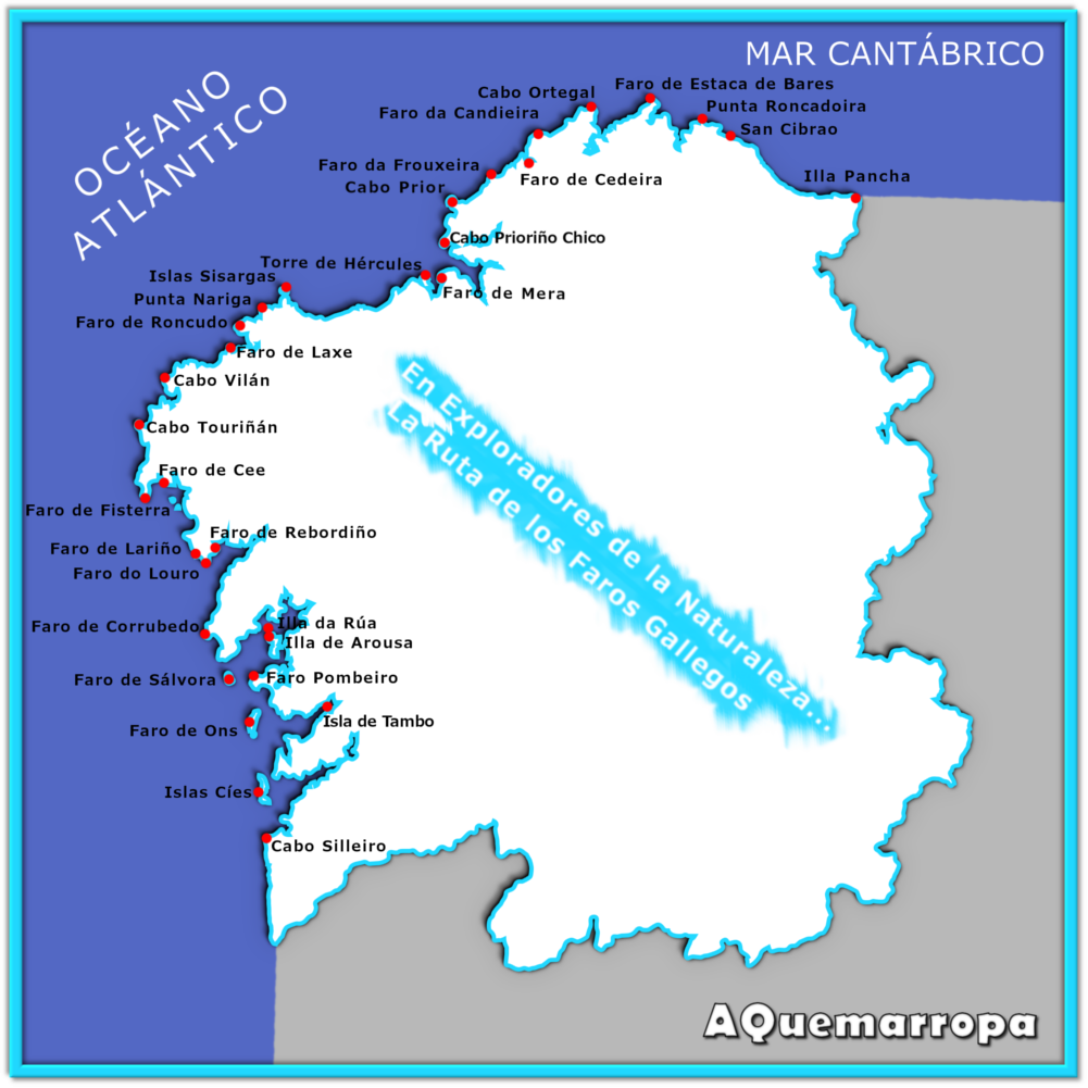 Mapa con la ubicación de todos los faros que hay en Galicia