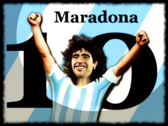Dibujo de Diego Armando Maradona sobre un fondo de rayas azules y blancas