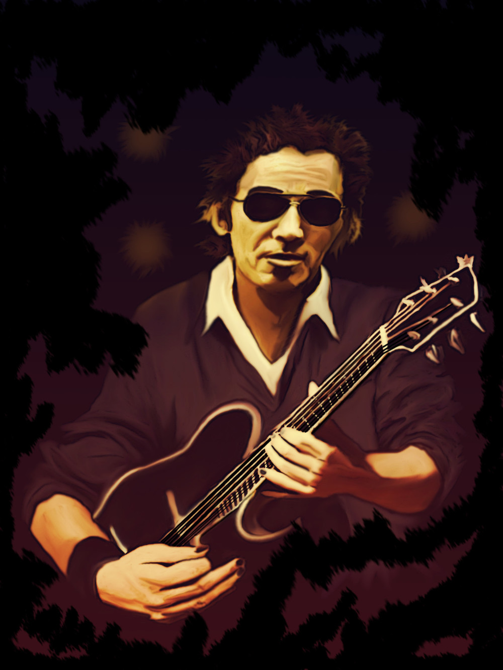Dibujo de Bruce Springsteen tocando la guitarra. Estilo vintage