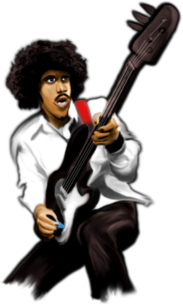 Caricatura del líder de Thin Lizzy en una pose característica